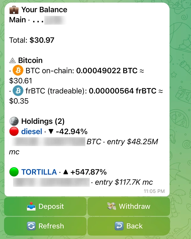 The Portfolio balance card showing the "BTC on-chain" line and the "frBTC (tradeable)" line, with a total above and the holdings list below.