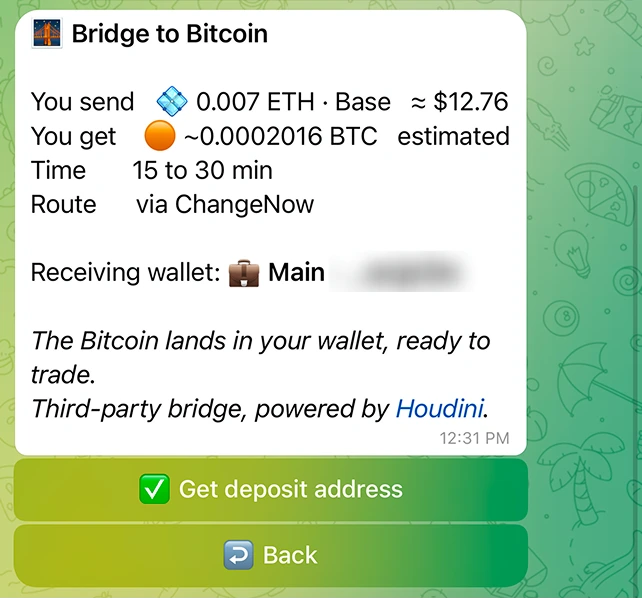报价：发送金额、预计收到的比特币、时间、路由，以及接收钱包。