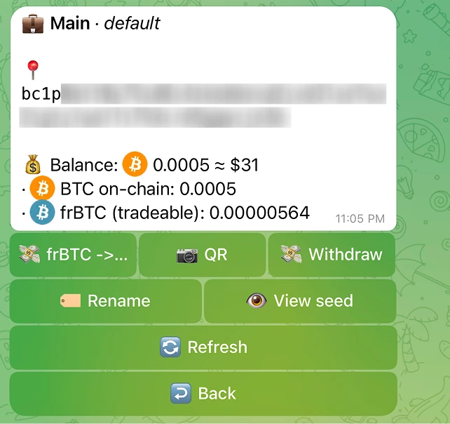 The deposit panel with address and QR, plus a deposit moving through its states.