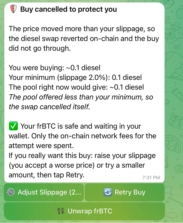 The "Buy cancelled to protect you" panel with the wanted / minimum / pool-now lines and the Retry button.