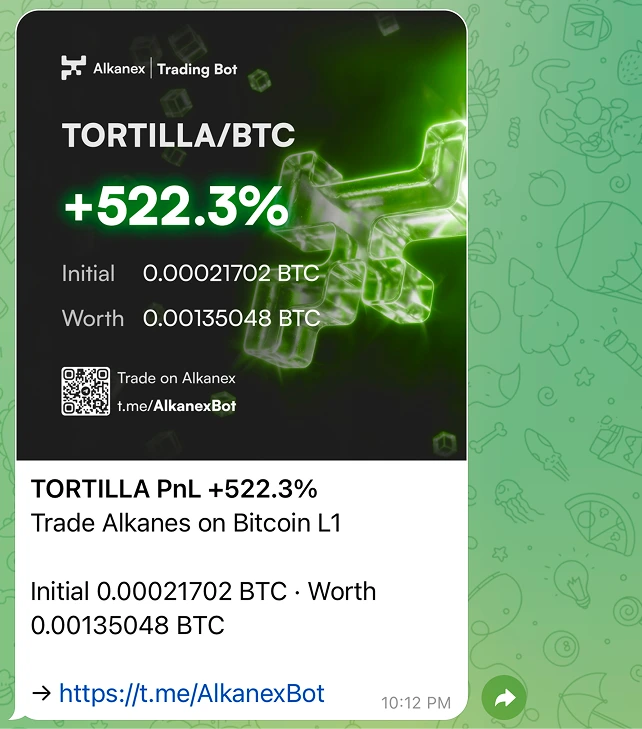 A generated PnL image card with the token symbol, signed PnL, and Alkanex branding.