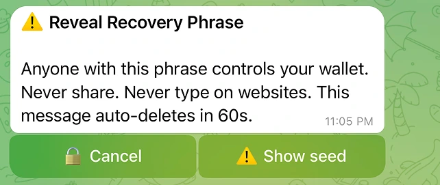 The View seed reveal screen showing the warning line and the "Auto-deletes in 60s" footer.