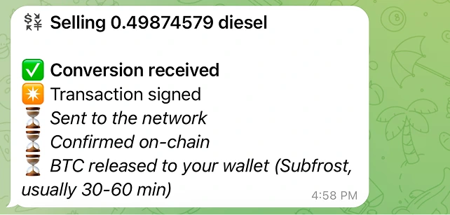 A live sell checklist with the first steps ticked, then the same card showing the green "Sold" header with the View sale and View BTC payout links.