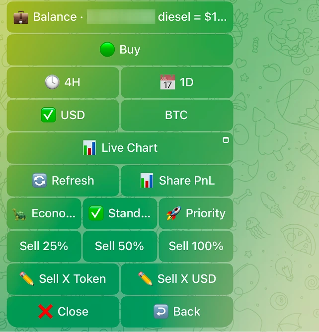 A position card with the sell grid below it: Sell 25% / 50% / 100% on one row, Sell X Token and Sell X value on the next.