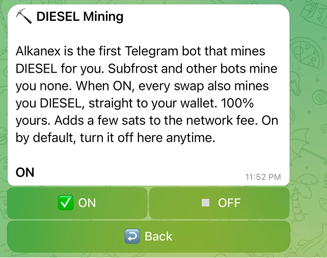 The Settings DIESEL Mining panel, showing the toggle ON and the short explainer.