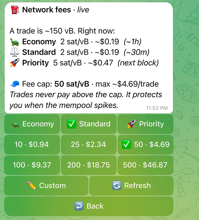 The Fees panel: each tier in sat/vB and USD with its ETA, plus the fee cap shown as a per-trade USD ceiling, and a Refresh button.