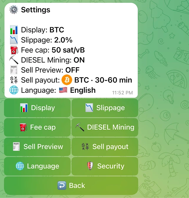 The Settings panel, showing the current value of each option (Display, Slippage, Fee cap, DIESEL Mining, Sell Preview, Sell payout, Security, Language) with a button per row.