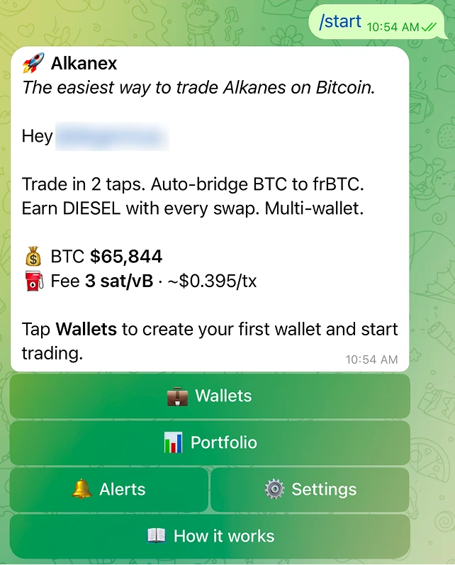 The /start welcome screen: a returning user sees their BTC balance and the live network fee, a first-time user sees the pitch, with the main-menu buttons below.