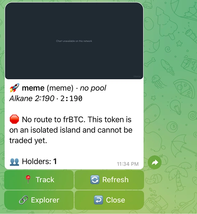 An untradeable token card showing the `no pool` badge and the "No route to frBTC" line.