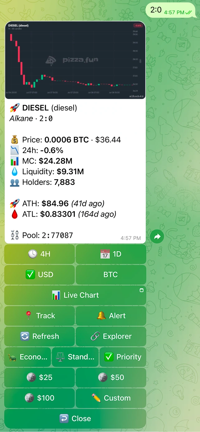 A full token card with price, market data, route, chart, and the card controls.