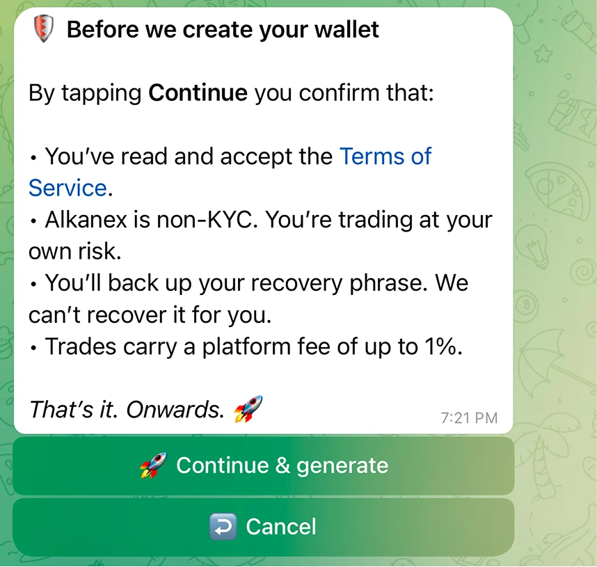 The terms gate, then the freshly created wallet card with the address, balance, and the Reveal phrase / I'll do it later choice.