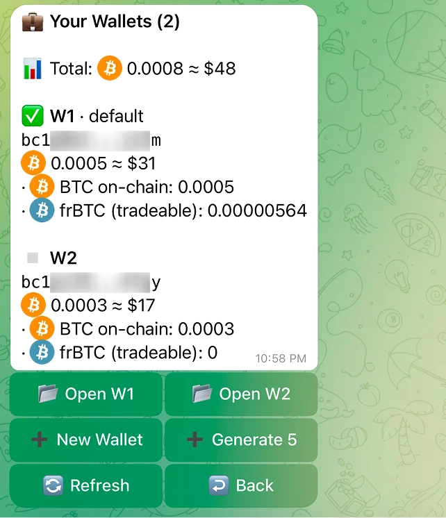 Empty wallets view, the wallet list with a total, and a single wallet card.